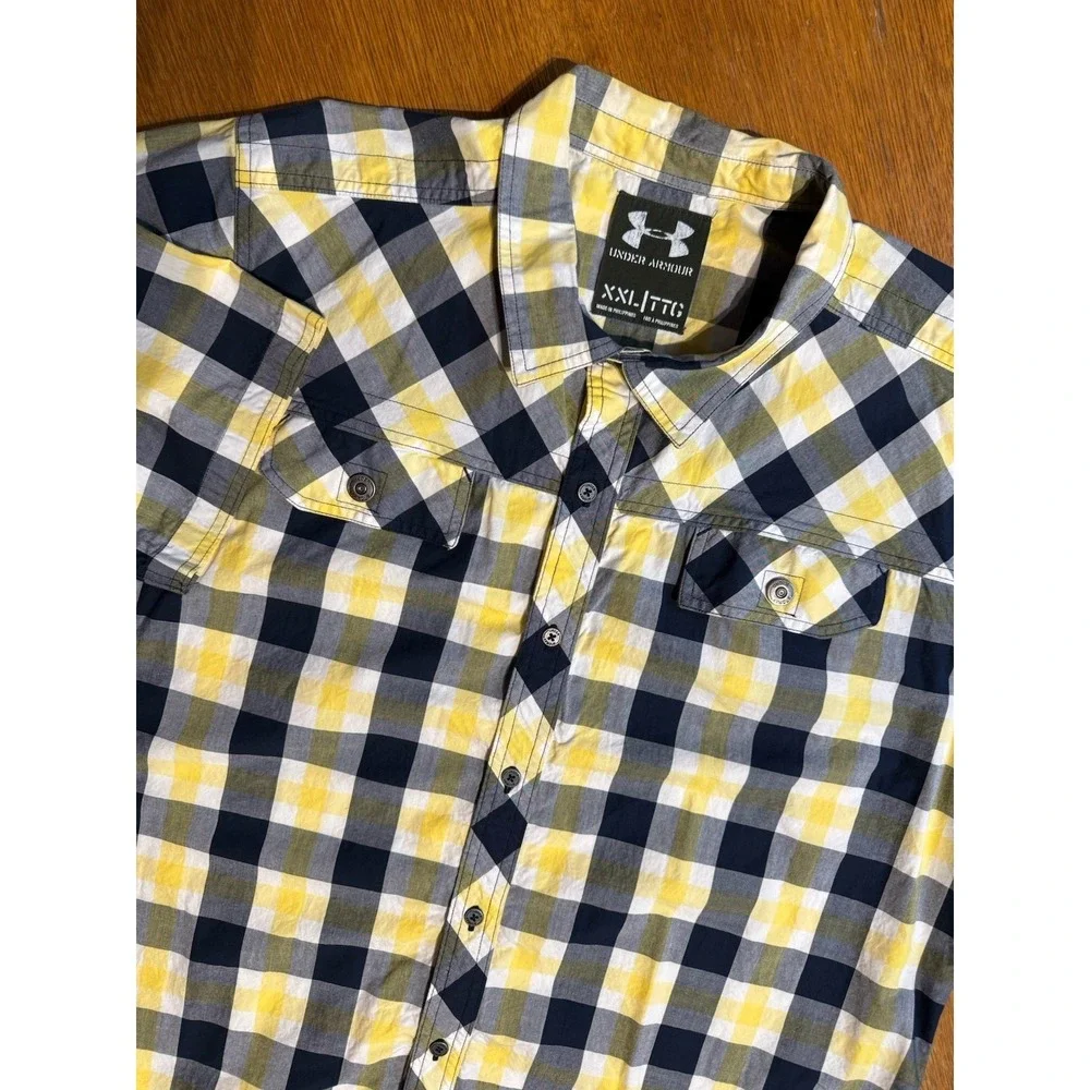 Under‎ Armour Shirt Men XXL Plaid Yellow Navy Short Sleeve Cotton